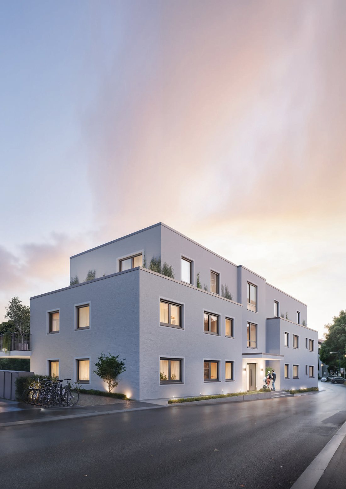 Außenansicht des Neubaus Huus zur Mühle bei Abenddämmerung