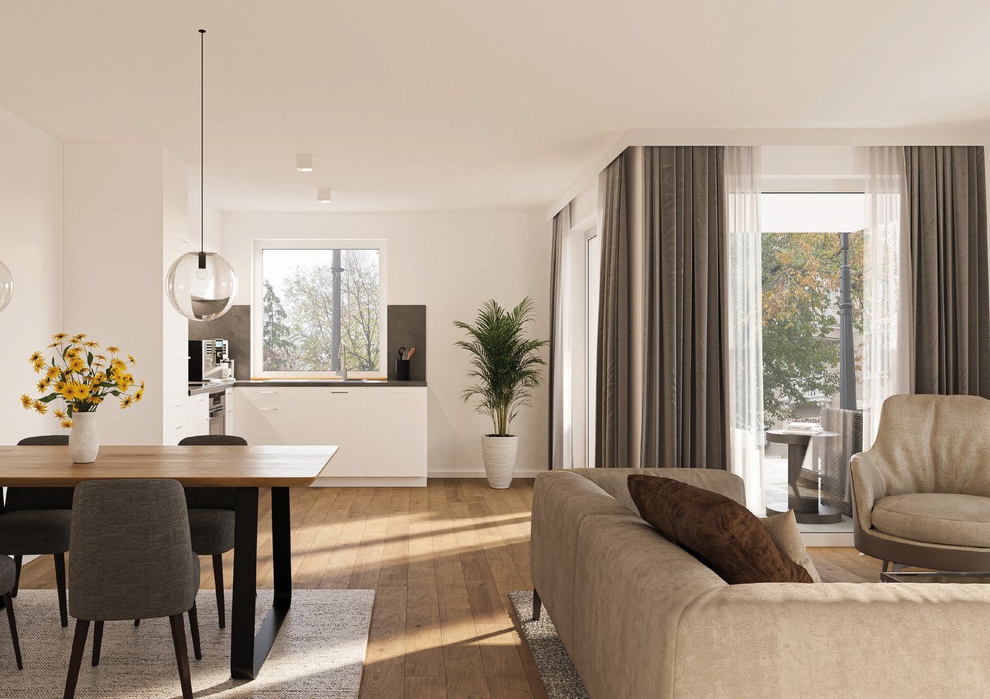 Wohn- und Essbereich einer Wohnung im Projekt Huus zur Mühle